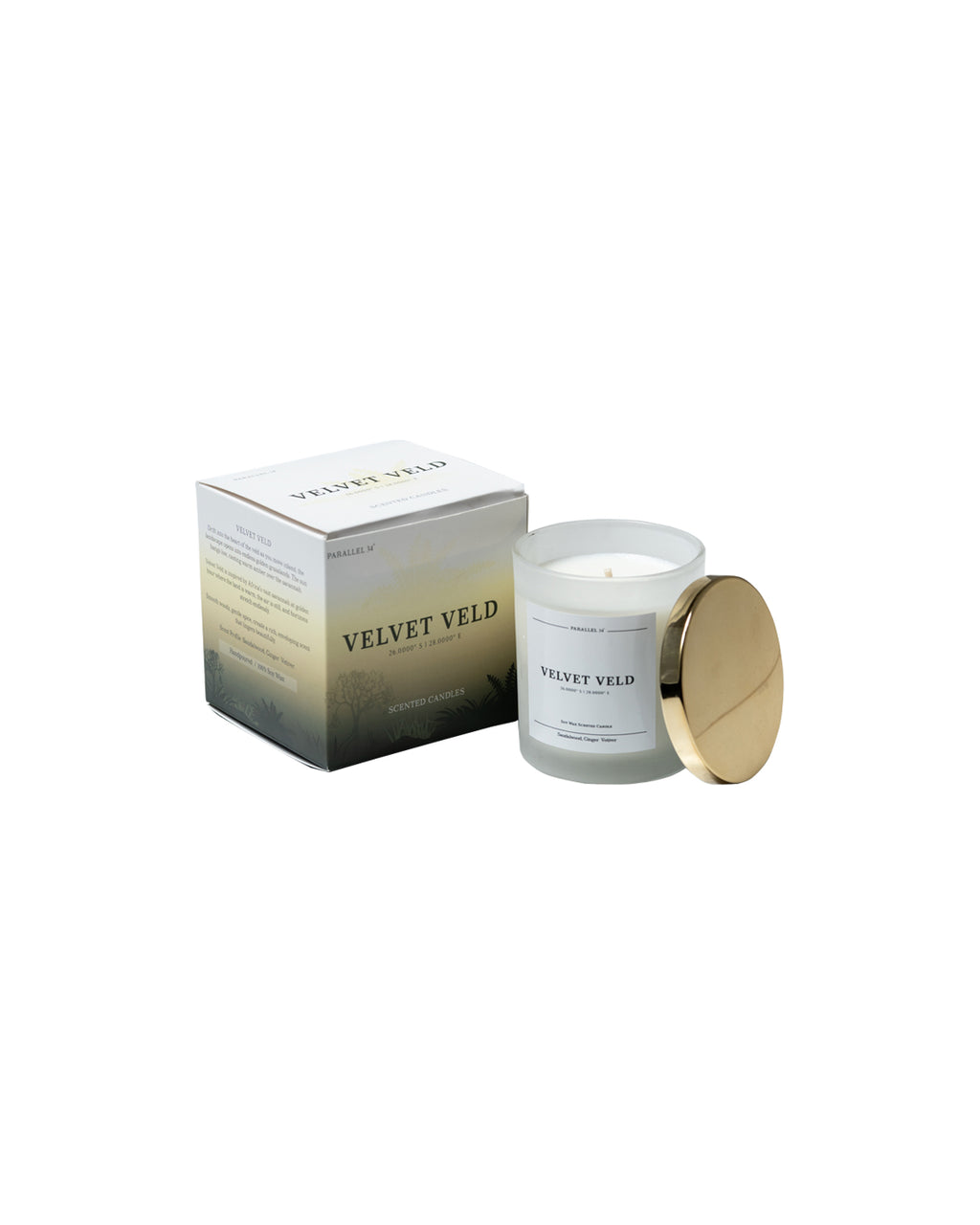 Velvet Veld candle with packaging on a white background